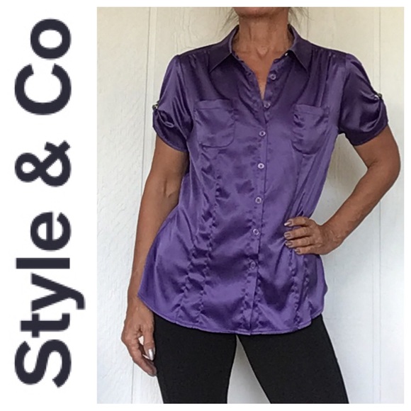 MACYS STYLE & CO PURPLE SATIN BUTTON DOWN BLOUSE SIZE 12 - Picture 1 of 10